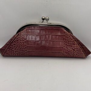 Christopher Kon  Brown Leather crocodile embossed  kiss lock  Clutch